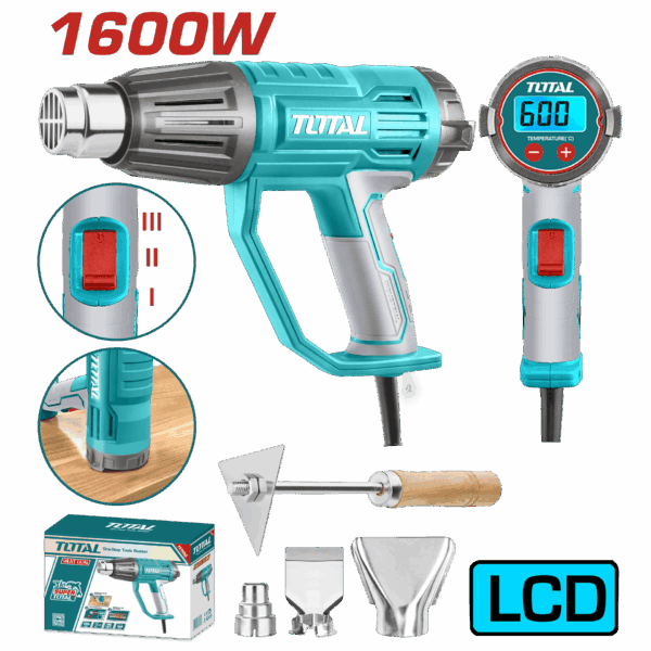 PISTOLA CALOR CON TEMPERATURA AJUSTABLE PANTALLA LCD 1600W  INCLUYE 3 BOQUILLAS Y 1 RASCADOR  INDUSTRIAL TOTAL (UTB16056)