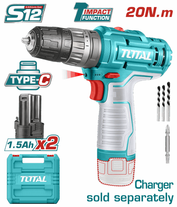 TALADRO INALAMBRICO 3/8 12V INCLUYE 2 BATERIAS 1.5 AH SUPER TOTAL  (TIDLI12202)