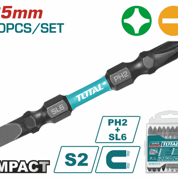 PUNTAS TALADRO INDUSTRIAL DOBLE PUNTA IMANTADA 65MM (+) (-) JUEGO X 10 PZS INDUSTRIAL  SUPER TOTAL (TACIM16HL133)