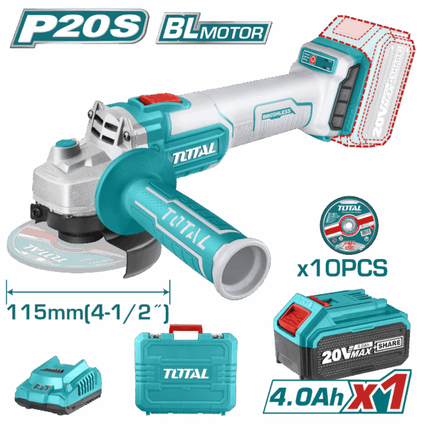 PULIDORA INALAMBRICA 4 1/2 INDUSTRIAL 20 V 1200W INCLUYE BATERIA 4.0 AH, CARGADOR Y 10 DISCOS, MOTOR SIN ESCOBILLAS TOTAL (UTAGLI2011587)