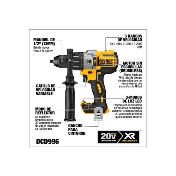 TALADRO ATORNILLADOR RECARGABLE DEWALT 1/2 20V MAX XR SIN ESCOBILLAS BATERIA Y CARGADOR NO INCLUIDO (DCD996B)