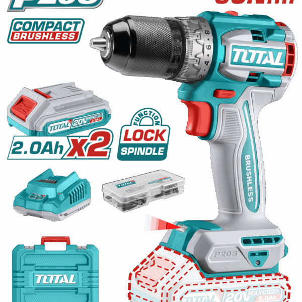TALADRO ATORNILLADOR INALAMBRICO 1/2 20V 60NM INCLUYE 2 BATERIA DE 2.0AH, CARGADOR,47 ACCESORIOS TOTAL (UTDLI20602)