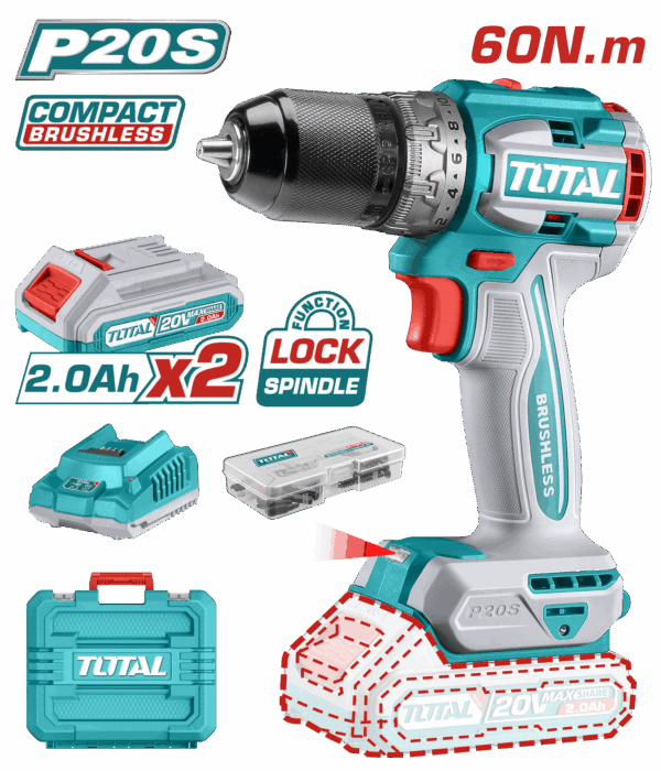 TALADRO ATORNILLADOR INALAMBRICO 1/2 20V 60NM INCLUYE 2 BATERIA DE 2.0AH, CARGADOR,47 ACCESORIOS TOTAL (UTDLI20602)