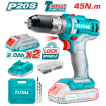 Taladro Inalambrico 1/32/3/8" 20V Incluye 2 Bateria 2.0Ah, 1CARGADOR y 50 Accesorios Caja Plastica Industrial TOTAL(UTIDLI201452)