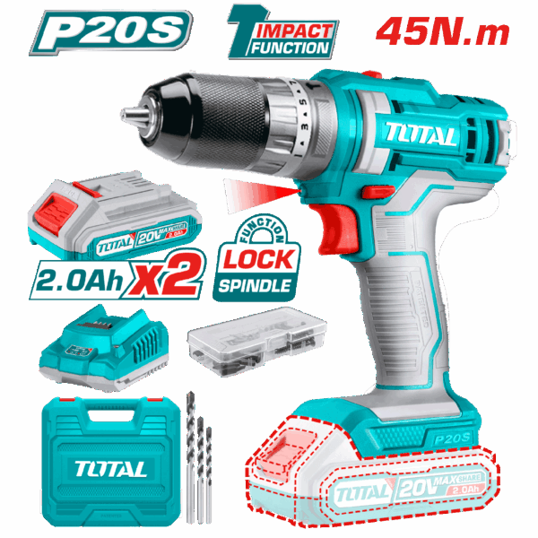 TALADRO INALAMBRICO 1/32/3/8" 20V INCLUYE 2 BATERIA 2.0Ah, 1CARGADOR Y 50 ACCESORIOS CAJA PLASTICA INDUSTRIAL TOTAL(UTIDLI201452)