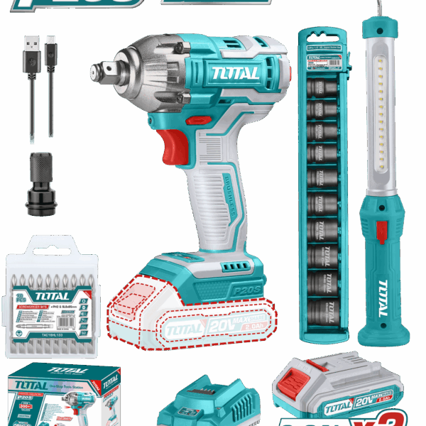 PISTOLA IMPACTO INALAMBRICA 1/2 20V 300 NM INCLUYE 2 BATERIAS 1 CARGADOR 1 LAMPARA DE TRABAJO 1 ADAPTADOR Y 10 PUNTAS TALADRO TOTAL (UTOSLI231004)