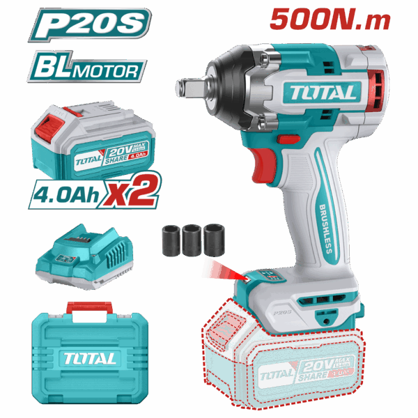 PISTOLA IMPACTO INALAMBRICA 1/2 20V 500 NM INCLUYE 2 BATERIAS 1 CARGADOR SUPER TOTAL (UTIWLI2050)