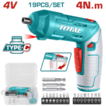 ATORNILLADOR INALAMBRICO 4V ESTUCHE PLASTICO + 16 PUNTAS TALADRO DE 25MM, 2 DE 50MM SUPER  TOTAL (TSDLI0442)