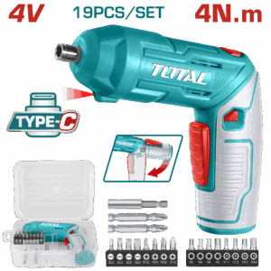 Atornillador Inalambrico 4V Estuche Plastico + 16 Puntas Taladro de 25MM, 2 de 50MM Super  Total (TSDLI0442)
