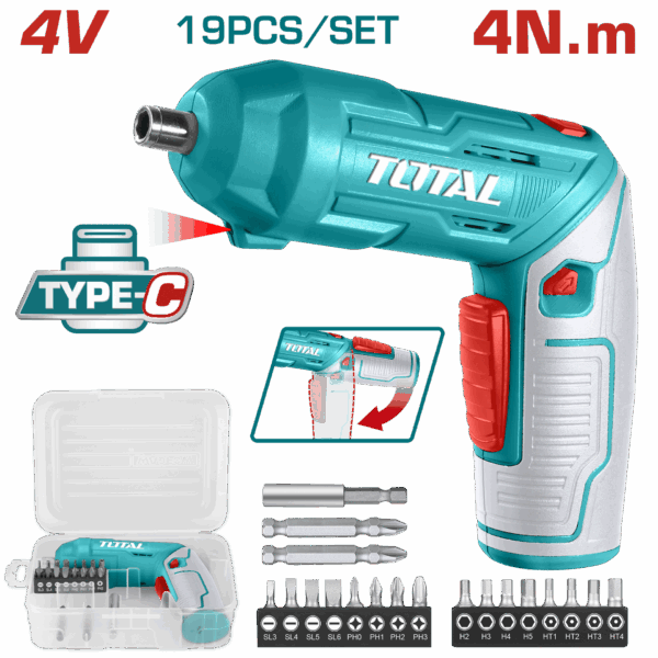 ATORNILLADOR INALAMBRICO 4V ESTUCHE PLASTICO + 16 PUNTAS TALADRO DE 25MM, 2 DE 50MM SUPER  TOTAL (TSDLI0442)