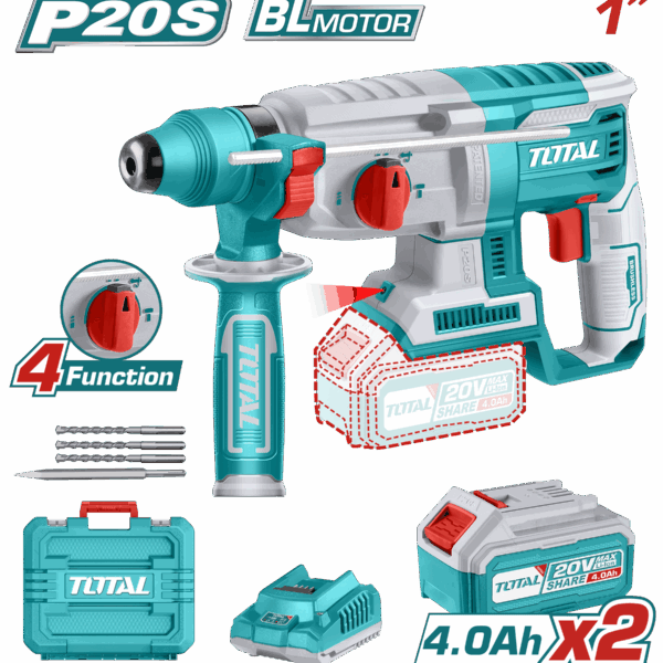 TALADRO ROTOMARTILLO 20V SDS PLUS 2.5 JULES INCLUYE 2 BATERIAS Y 1 CARGADOR SUPER TOTAL (UTRHLI202287)