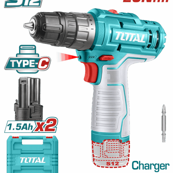 TALADRO INALAMBRICO 3/8 12V INCLUYE 2 BATERIAS ION DE LITIO  CARGADOR NO INCLUIDO TOTAL (TDLI12202)