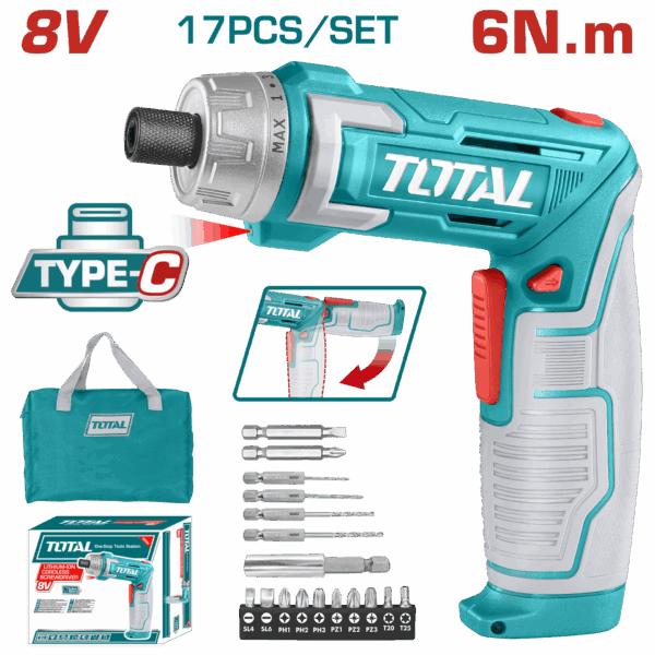 ATORNILLADOR INALAMBRICO 8V ESTUCHE PLASTICO + 17 PIEZAS  TOTAL (TSDLI0802)