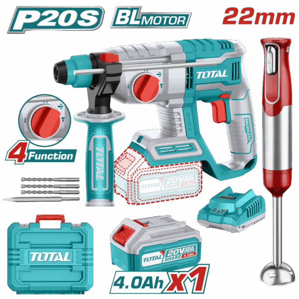COMBO DE TALADRO ROTOMARTILLO INALAMBRICO SDS PLUS 20V INCLUYE 1 BATERIA, 1 CARGADOR,3 BROCAS 1 CINCEL TOTAL Y BATIDORA DE MANO DECAKILA (UTOSLI2402