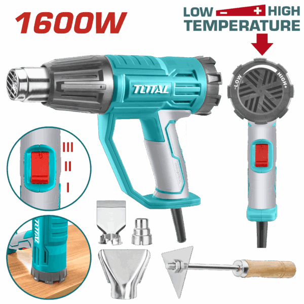 PISTOLA CALOR CON TEMPERATURA AJUSTABLE 1600W INCLUYE 3 BOQUILLAS Y 1 RASCADOR INDUSTRIAL TOTAL (UTB16045)