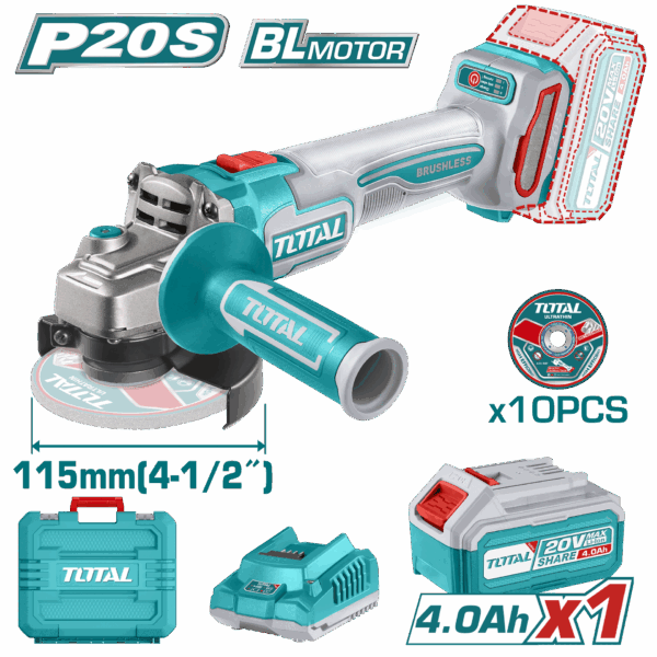 PULIDORA INALAMBRICA 4 1/2 INDUSTRIAL 20V 900W INCLUYE 10 DISCOS PARA CORTE DE METAL 1 BATERIA Y CARGADOR INDUSTRIAL, MOTOR SIN ESCOBILLAS TOTAL (UTAGLI211541)