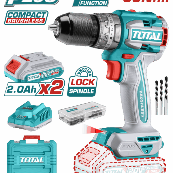 TALADRO DE IMPACTO INALAMBRICO 1/2 20V INCLUYE 2 BATERIA DE 2.0AH, CARGADOR,47 ACCESORIOS,3 BROCAS CONCRETO TOTAL (UTIDLI20602)