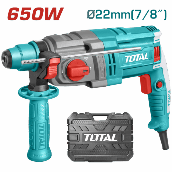 TALADRO ROTOMARTILLO SDS PLUS 650W 1,7 JOULES 110-120V INCLUYE 2 BROCAS Y 1 JUEGO DE ESCOBILLAS SUPER TOTAL (UTH306236)