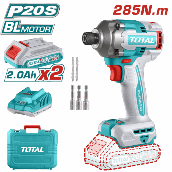 ATORNILLADOR DE IMPACTO INALAMBRICO 1/4 20V INCLUYE 2 BATERIAS, CARGADOR Y 5 ACCESORIOS CAJA PLASTICA INDUSTRIAL SUPER TOTAL (UTIRLI2028)