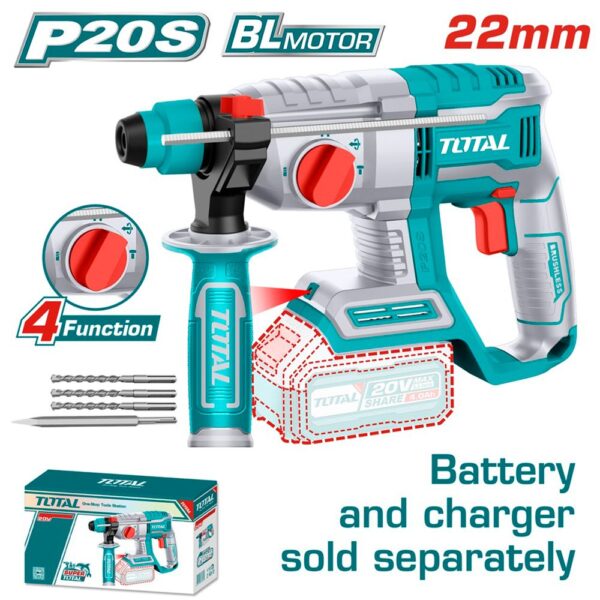 TALADRO ROTOMARTILLO INALAMBRICO SDS PLUS 20V 2.0 JOULES INDUSTRIAL INCLUYE 3 BROCAS Y 1 CINCEL BATERIA Y CARGADOR NO INCLUIDO TOTAL (TRHLI20208)