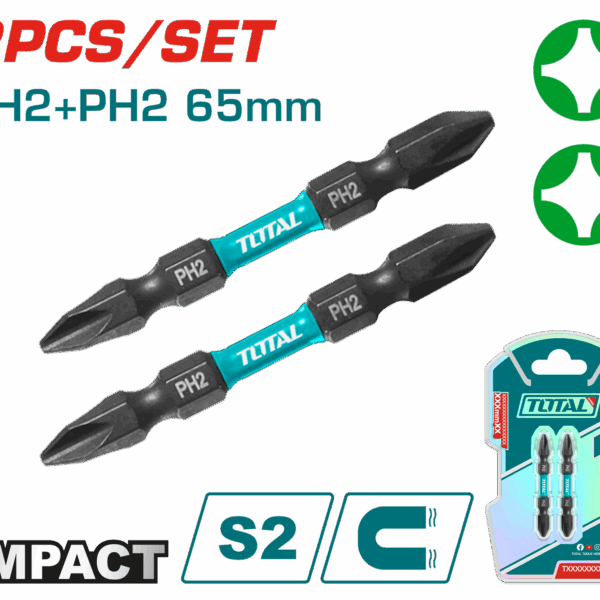 PUNTAS TALADRO INDUSTRIAL DOBLE PUNTA IMANTADA 65MM (+) (+) JUEGO X 2 PZS SUPER TOTAL (TACIM72PH265)