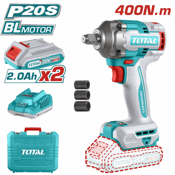 PISTOLA IMPACTO INALAMBRICA 1/2 20V 400 NM INCLUYE 2 BATERIAS 1 CARGADOR Y 3 COPAS 17,19,21 MM INDUSTRIAL TOTAL (UTIWLI2040)