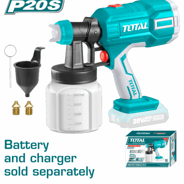 PISTOLA PINTAR INALAMBRICA 800ML 20V INCLUYE AGUJA DE LIMPIEZA Y DOS BOQUILLAS, BATERIA Y CARGADOR NO INCLUIDO TOTAL (TSGLI2003)