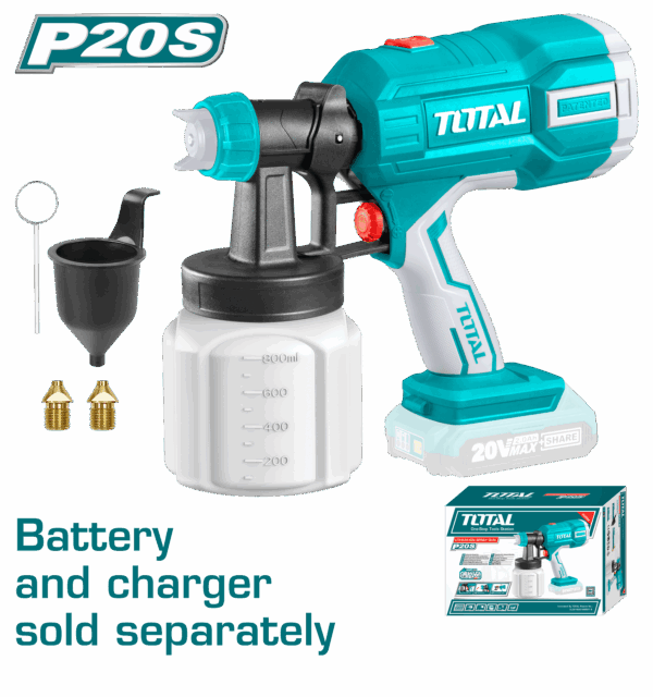 PISTOLA PINTAR INALAMBRICA 800ML 20V INCLUYE AGUJA DE LIMPIEZA Y DOS BOQUILLAS, BATERIA Y CARGADOR NO INCLUIDO TOTAL (TSGLI2003)