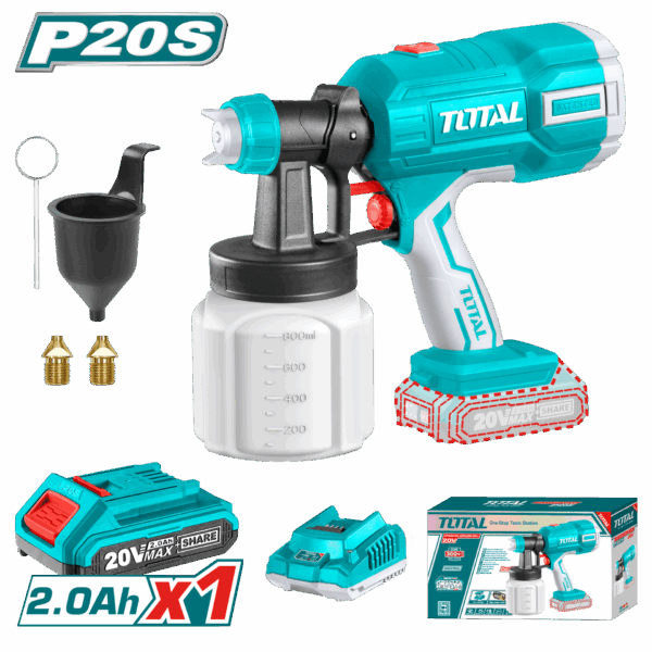 PISTOLA PINTAR INALAMBRICA 800ML 20V INCLUYE BATERIA 20V, CARGADOR, AGUJA DE LIMPIEZA Y DOS BOQUILLAS, TOTAL (UTSGLI20406)