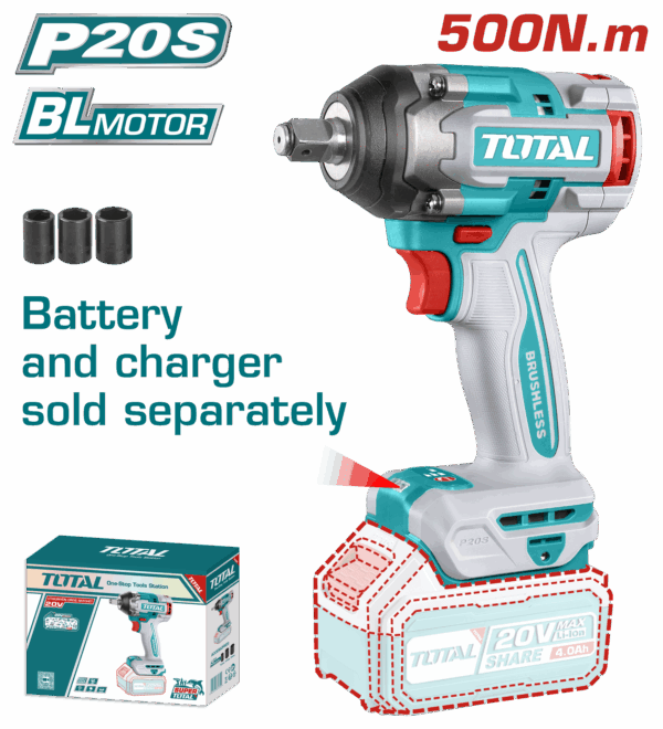 PISTOLA IMPACTO INALAMBRICA 1/2 20V 500 NM   BATERIA Y CARGADOR SE VENDEN POR SEPARADO  SUPER TOTAL (TIWLI20501)