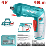 ATORNILLADOR INALAMBRICO 4V ESTUCHE PLASTICO + 20 PUNTAS TALADRO DE 25MM, 2 DE 50MM, 1 BROCA Y CONECTOR SUPER  TOTAL (TSDLI04425)