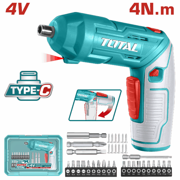 ATORNILLADOR INALAMBRICO 4V ESTUCHE PLASTICO + 20 PUNTAS TALADRO DE 25MM, 2 DE 50MM, 1 BROCA Y CONECTOR SUPER  TOTAL (TSDLI04425)