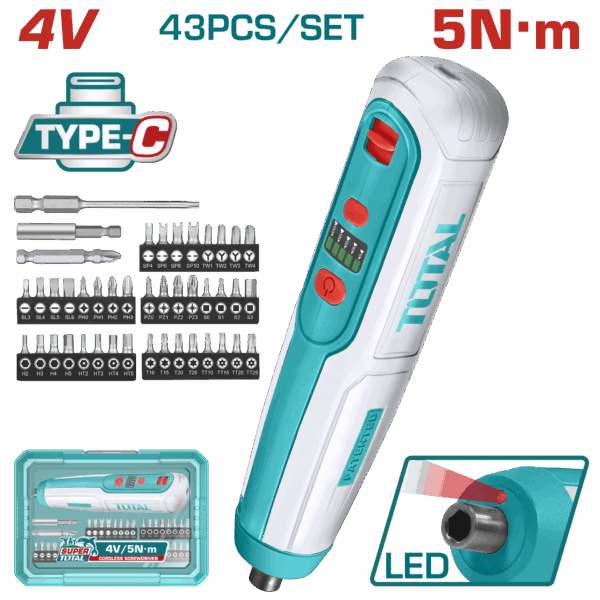 ATORNILLADOR INALAMBRICO 4V, 5N.M CAJA PLASTICA 43PZS  SUPER TOTAL (TSDLI04062)