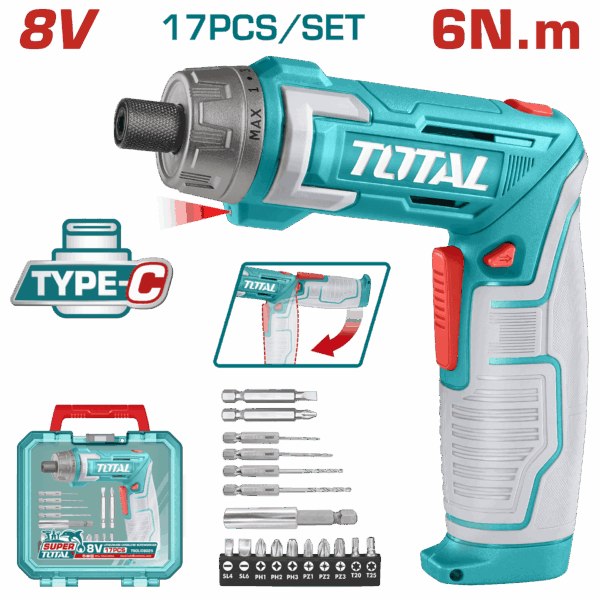 ATORNILLADOR INALAMBRICO 8V, 6N.M ESTUCHE PLASTICO + 17 PIEZAS  TOTAL (TSDLI08025)