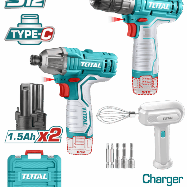 COMBO INALAMBRICO 12V ATORNILLADOR DE IMPACTO  + TALADRO 3/8"  INCLUYE 6 ACCESORIOS  + DOS BATERIAS 1.5AH + BATIDORA CARGADOR SE VENDE POR SEPARADO TOTAL (TOSLI240205)
