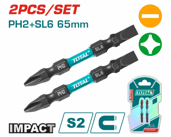 PUNTAS TALADRO INDUSTRIAL DOBLE PUNTA IMANTADA 65MM (+) (-) JUEGO X 2 PZS INDUSTRIAL SUPER TOTAL (TACIM72HL665)