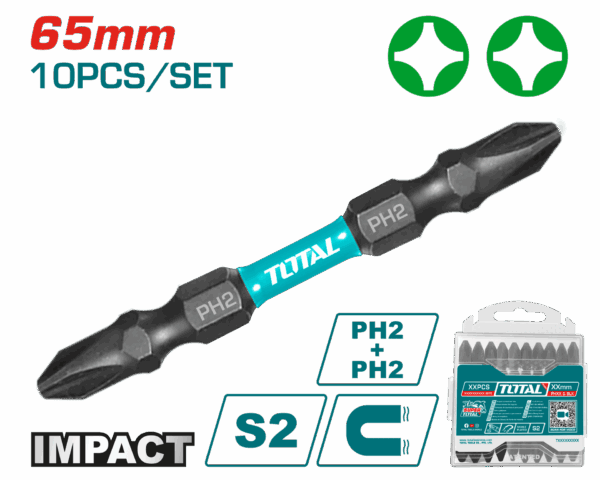 PUNTAS TALADRO INDUSTRIAL DOBLE PUNTA IMANTADA 65MM (+) (+) JUEGO X 10 PZS INDUSTRIAL SUPER TOTAL (TACIM16PH233)