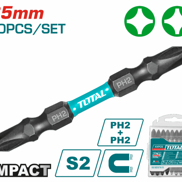 PUNTAS TALADRO INDUSTRIAL DOBLE PUNTA IMANTADA 65MM (+) (+) JUEGO X 10 PZS INDUSTRIAL SUPER TOTAL (TACIM16PH233)