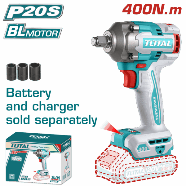 PISTOLA IMPACTO INALAMBRICA 1/2 20V 400 NM INCLUYE 3 COPAS 17,19,21 MM, CARGADOR Y BATERIA SE VENDEN POR SEPARADO INDUSTRIAL SUPER TOTAL (TIWLI20401)