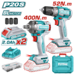 COMBO INALAMBRICO TALADRO 3/8" 52 N.M + LLAVE DE IMPACTO 1/2" 20V 400 N.M INCLUYE 2 BATERIA, 1 CARGADOR Y ACCESORIOS TOTAL (UTCKLI20271)