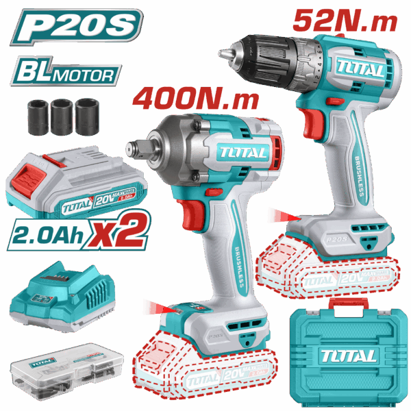 COMBO INALAMBRICO TALADRO 3/8" 52 N.M + LLAVE DE IMPACTO 1/2" 20V 400 N.M  INCLUYE 2 BATERIA, 1 CARGADOR Y ACCESORIOS TOTAL (UTCKLI20271)