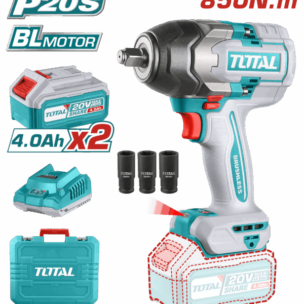 PISTOLA IMPACTO INALAMBRICA 1/2" 20V 850 NM INCLUYE 2 BATERIAS 1 CARGADOR INDUSTRIAL SUPER TOTAL (UTIWLI2085)