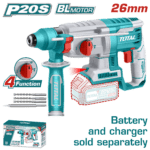 Taladro Inalambrico Rotomartillo 20V Sds Plus 2.5 Jules  Incluye 3 Brocas y 1 Cincel Cargador y Bateria No Incluido Super Total (TRHLI20228)