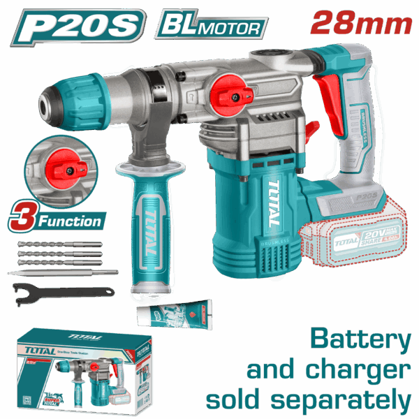 TALADRO ROTOMARTILLO SDS PLUS  4.5 JULES INCLYE ACCESORIOS CARGADOR Y BATERIA NO INCLUIDO INDUSTRIAL TOTAL (TRHLI20288)
