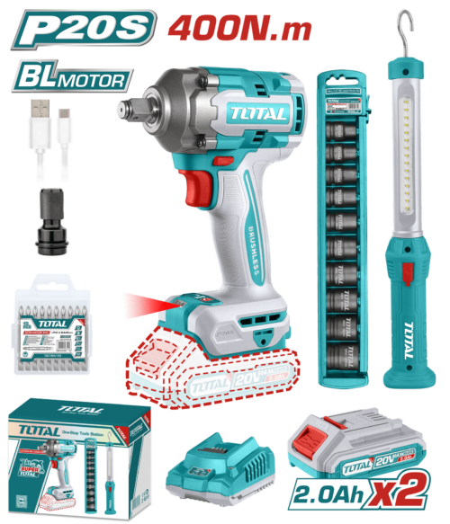 PISTOLA IMPACTO INALAMBRICA 1/2 20V 400 NM INCLUYE 2 BATERIAS 1 CARGADOR 1 LAMPARA DE TRABAJO 1 ADAPTADOR , COPAS Y 10 PUNTAS TALADRO SUPER TOTAL (UTOSLI23048)