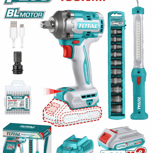 PISTOLA IMPACTO INALAMBRICA 1/2 20V 400 NM INCLUYE 2 BATERIAS 1 CARGADOR 1 LAMPARA DE TRABAJO 1 ADAPTADOR , COPAS Y 10 PUNTAS TALADRO SUPER TOTAL (UTOSLI23048)