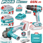 COMBO INALAMBRICO TALADRO 1/2" 20V 66NM + PULIDORA 4 1/2" INCLUYE 1 BATERIA 20V(4.0AH), 1 BATERIA 20V(2.0AH) CARGADOR 20V, 10 DISCOS DE CORTE Y ACCESORIOS TOTAL (UTCKLI20273)