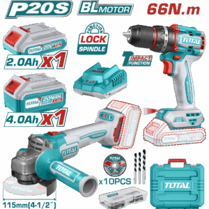 Combo Inalambrico Taladro 1/2" 20V 66NM + Pulidora 4 1/2" Incluye 1 Bateria 20V(4.0AH), 1 Bateria 20V(2.0AH) Cargador 20V, 10 Discos de Corte y Accesorios Total (UTCKLI20273)