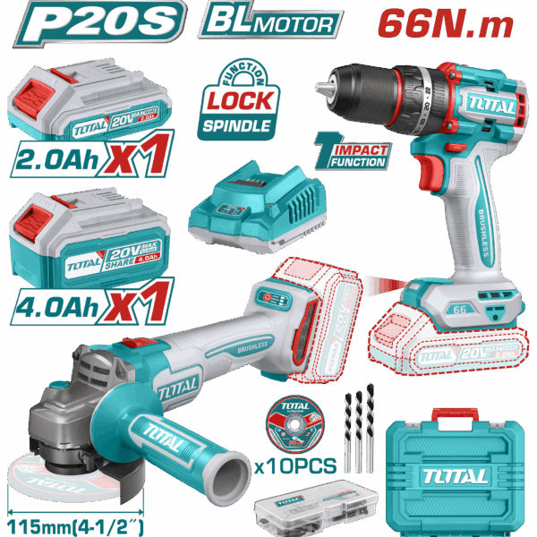 COMBO INALAMBRICO  TALADRO 1/2" 20V 66NM + PULIDORA 4 1/2" INCLUYE 1 BATERIA 20V(4.0AH), 1 BATERIA 20V(2.0AH) CARGADOR 20V, 10 DISCOS DE CORTE Y ACCESORIOS TOTAL (UTCKLI20273)