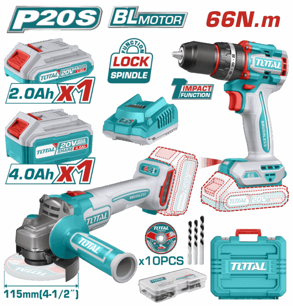 COMBO INALAMBRICO  TALADRO 1/2" 20V 66NM + PULIDORA 4 1/2" INCLUYE 1 BATERIA 20V(4.0AH), 1 BATERIA 20V(2.0AH) CARGADOR 20V, 10 DISCOS DE CORTE Y ACCESORIOS TOTAL (UTCKLI20273)